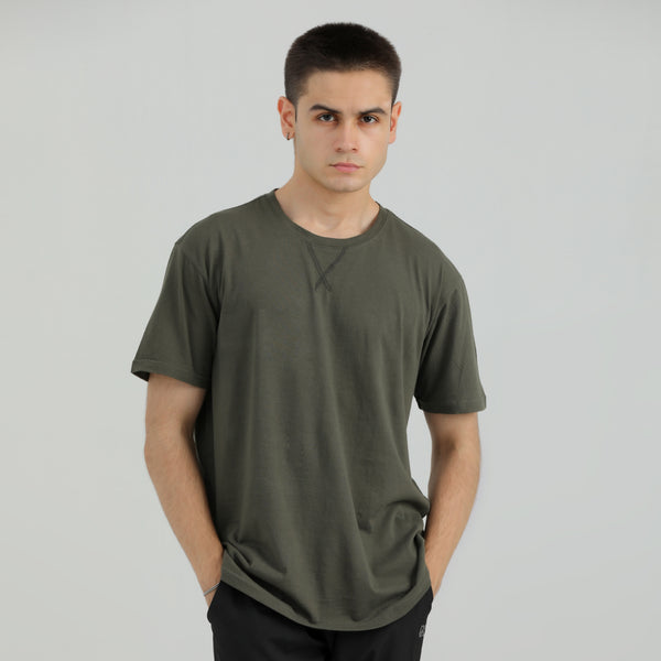 OLIVE OVER-SIZED T-SHIRT V-NOTCH IN CONTRAST DETAILING