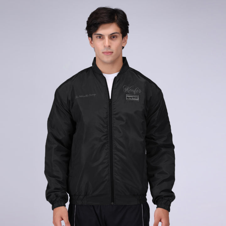 Black bomber jacket for men, modern and sleek design.