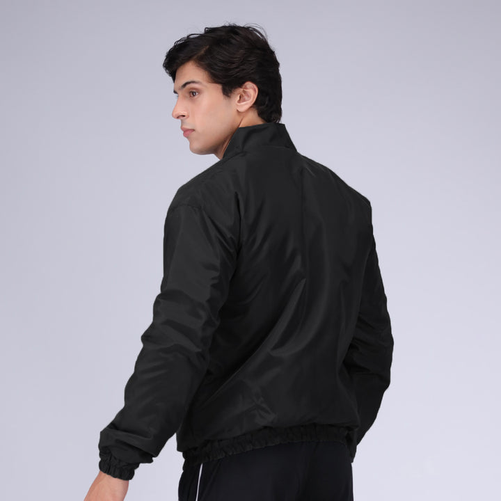 Black bomber jacket for men, modern and sleek design.