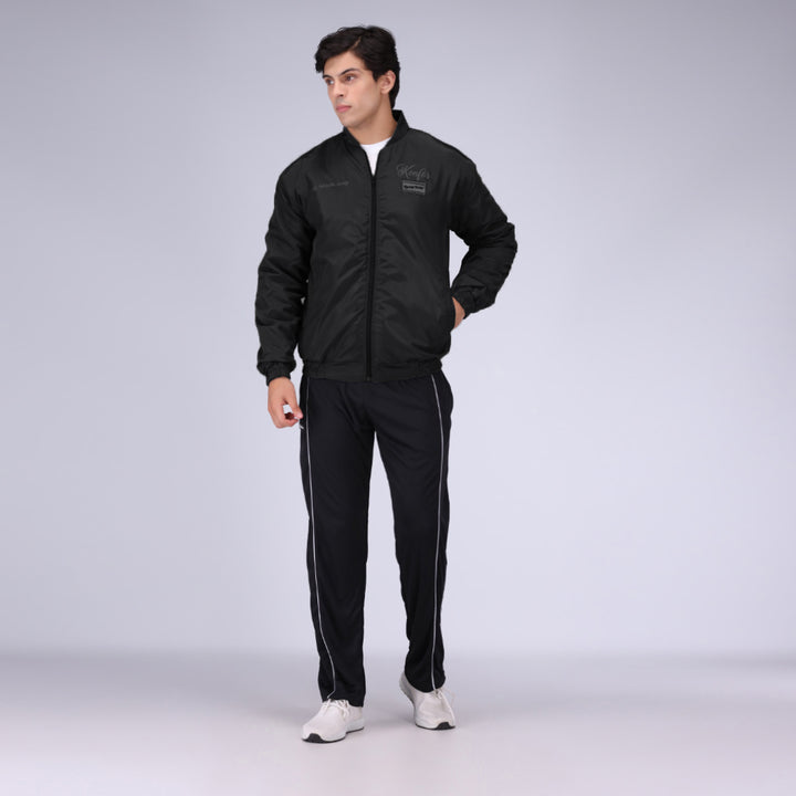 Black bomber jacket for men, modern and sleek design.