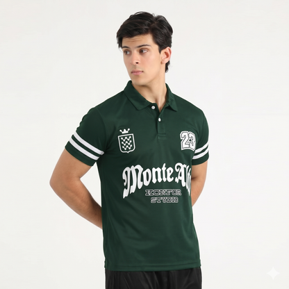 Man wearing a green polo shirt with branding on a white background