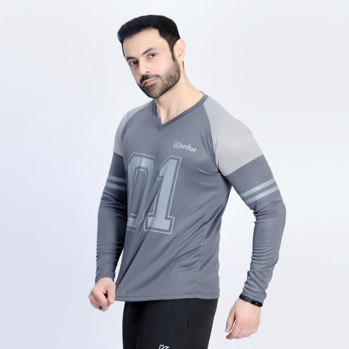 Football Sport Grey Full Sleeve T-Shirt for men, active sportswear.