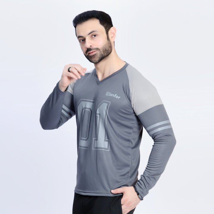 Football Sport Grey Full Sleeve T-Shirt for men, active sportswear.