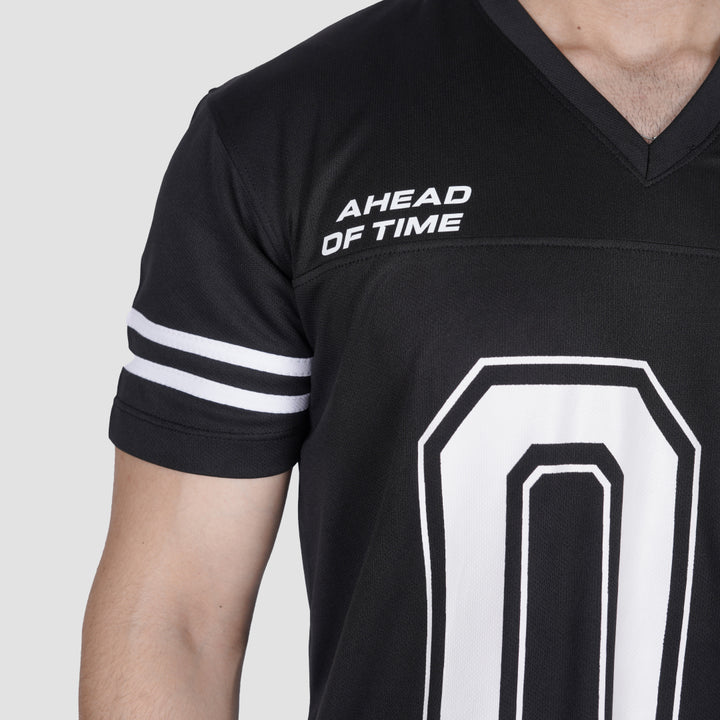 Black sports jersey with 'AHEAD OF TIME' text and large number '0' on a white background