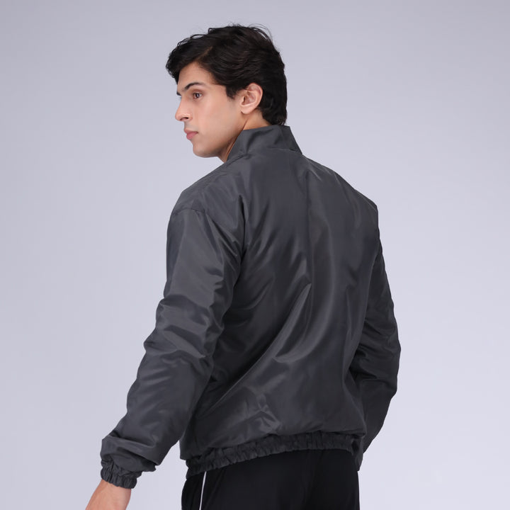 Grey bomber aviation jacket for men, stylish casual outerwear.