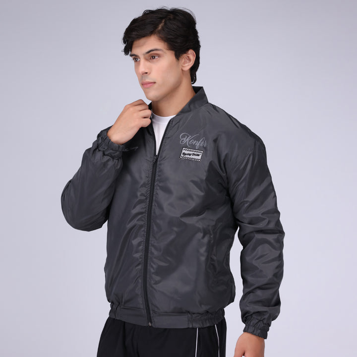 Grey bomber aviation jacket for men, stylish casual outerwear.