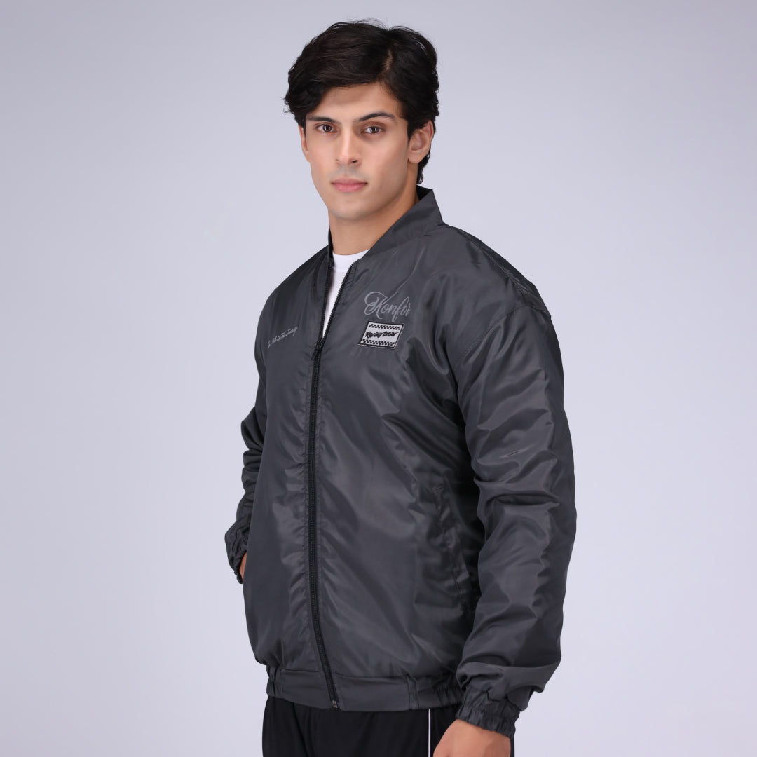 Grey bomber aviation jacket for men, stylish casual outerwear.