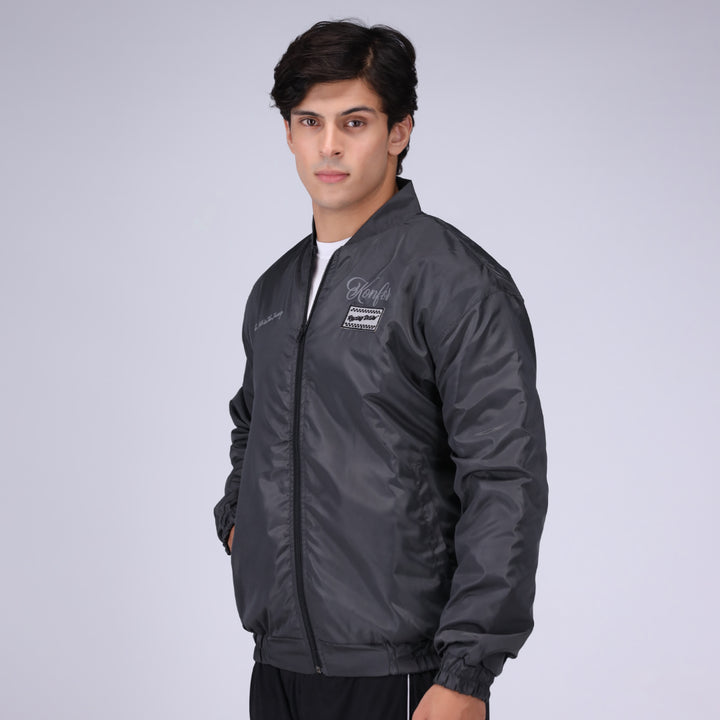 Grey bomber aviation jacket for men, stylish casual outerwear.