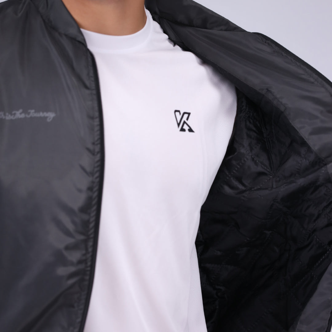Grey bomber aviation jacket for men, stylish casual outerwear.