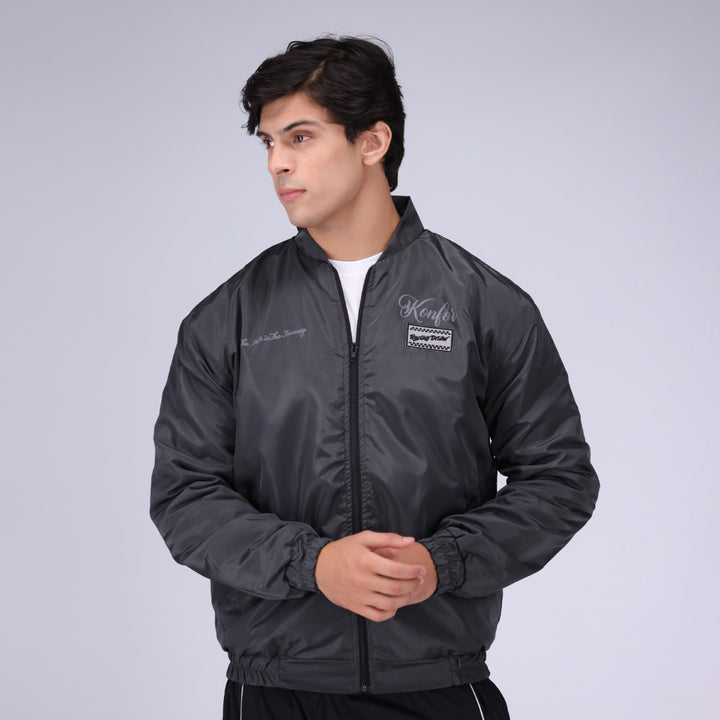 Grey bomber aviation jacket for men, stylish casual outerwear.