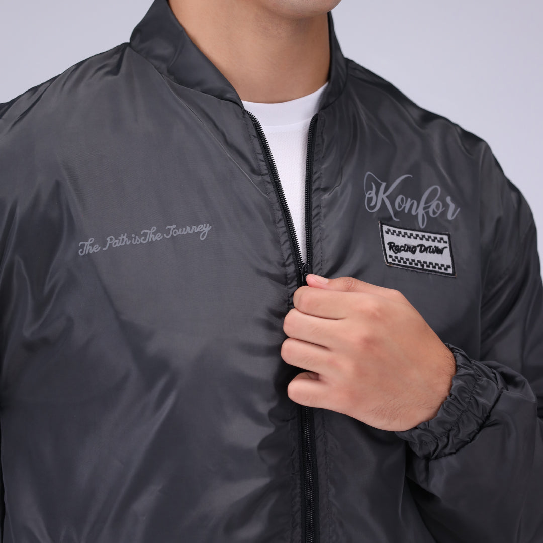 Grey bomber aviation jacket for men, stylish casual outerwear.