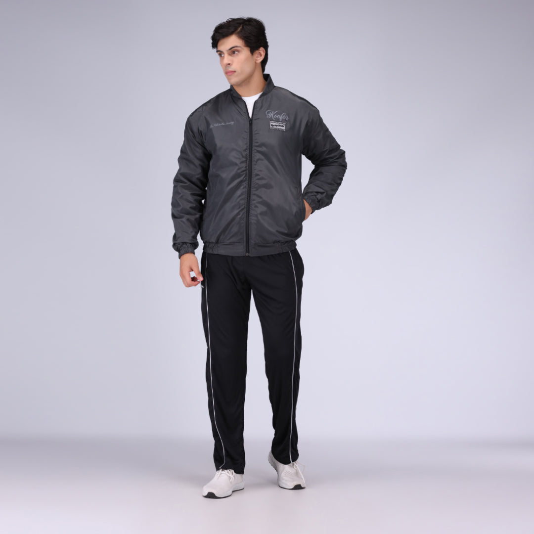 Grey bomber aviation jacket for men, stylish casual outerwear.
