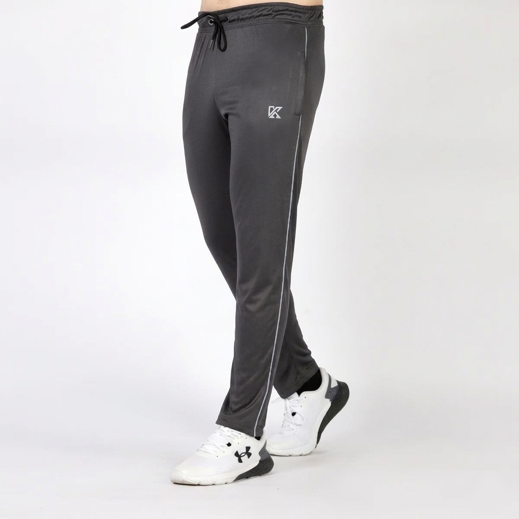Gray jogger pants with a logo on a white background