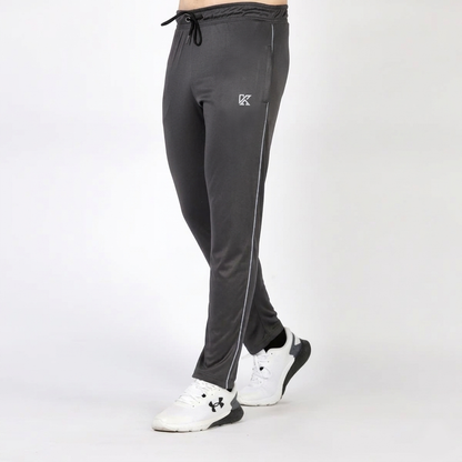 Gray jogger pants with a logo on a white background