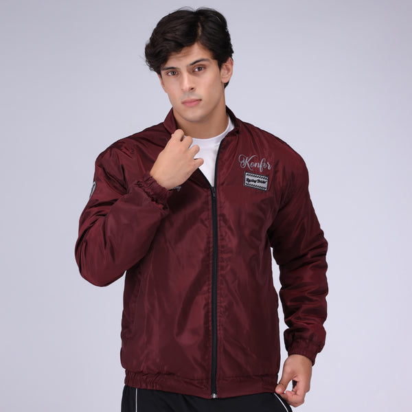 Mehroon bomber jacket for men, cool and stylish casual wear.