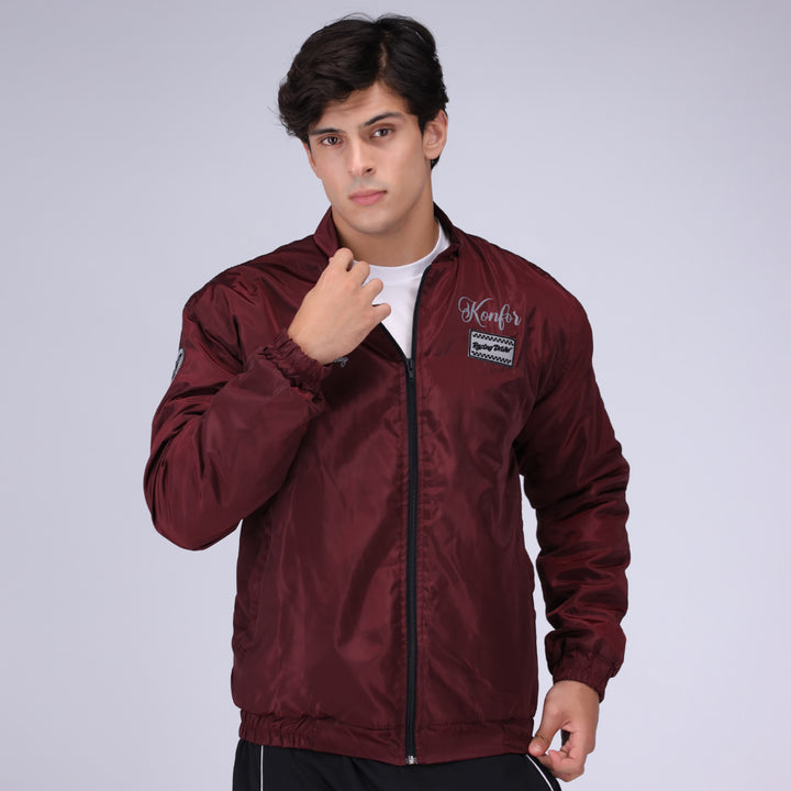 Mehroon bomber jacket for men, cool and stylish casual wear.