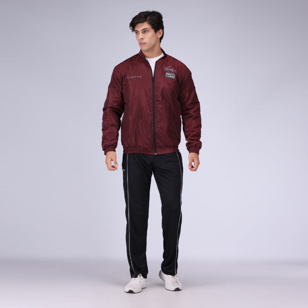 Mehroon bomber jacket for men, cool and stylish casual wear.