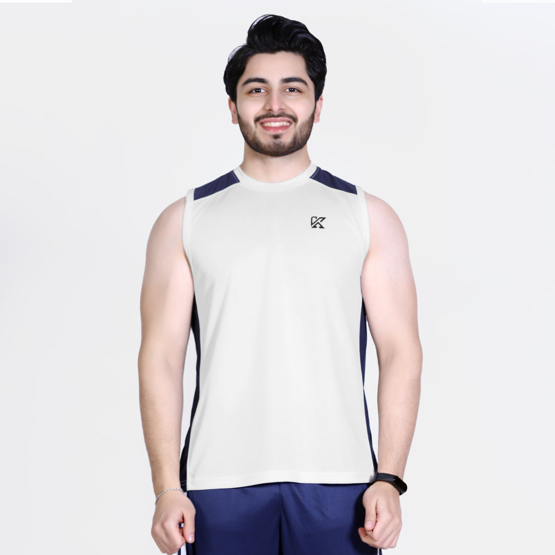 Man wearing a sleeveless sports shirt with a logo on a white background