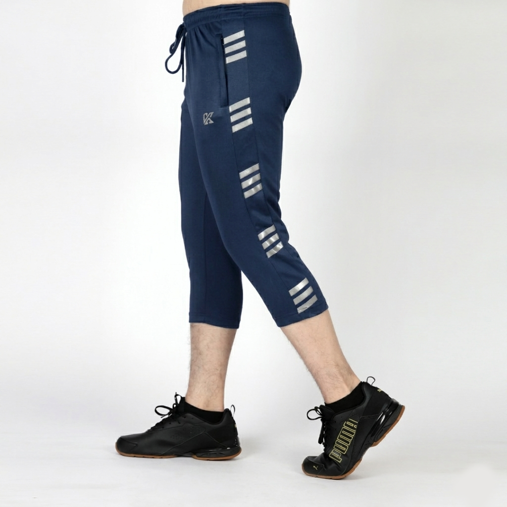  Navy Blue with Grey Stripes Three Quarter Shorts - Konfor