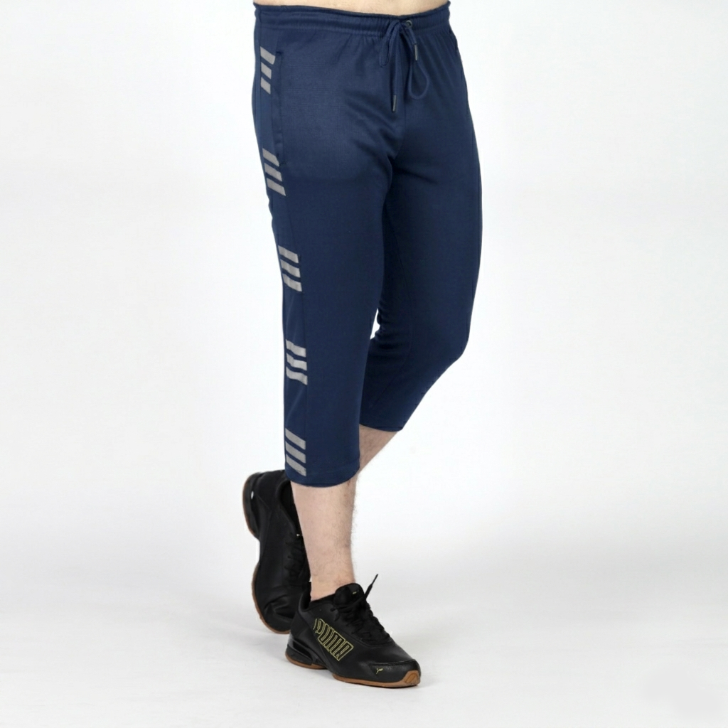  Navy Blue with Grey Stripes Three Quarter Shorts - Konfor
