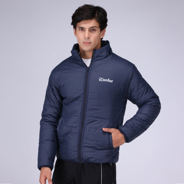 Togs blue puffer jacket for men, insulated and stylish winter wear.