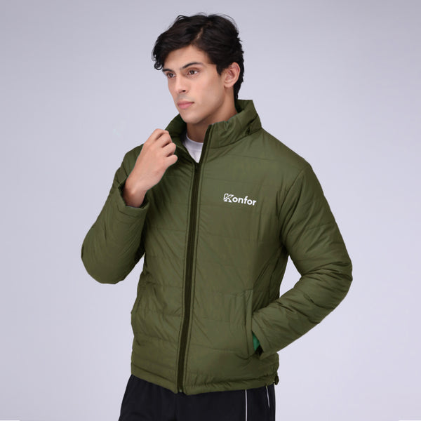 Togs olive full sleeve puffer jacket for men, warm lightweight winter coat.