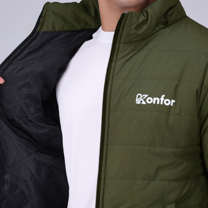 Togs olive full sleeve puffer jacket for men, warm lightweight winter coat.