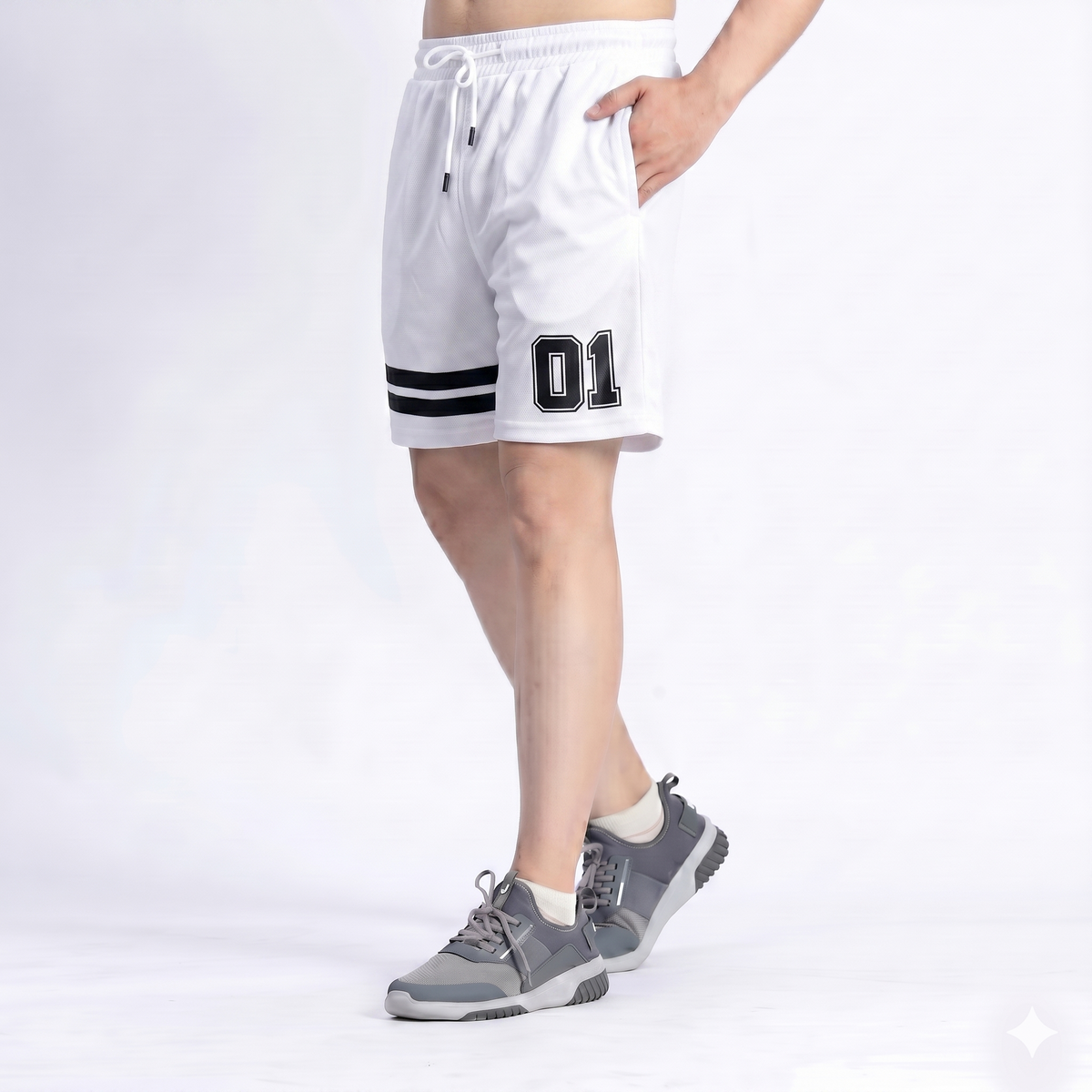 White shorts with black stripes and number '01' worn by a person on a white background
